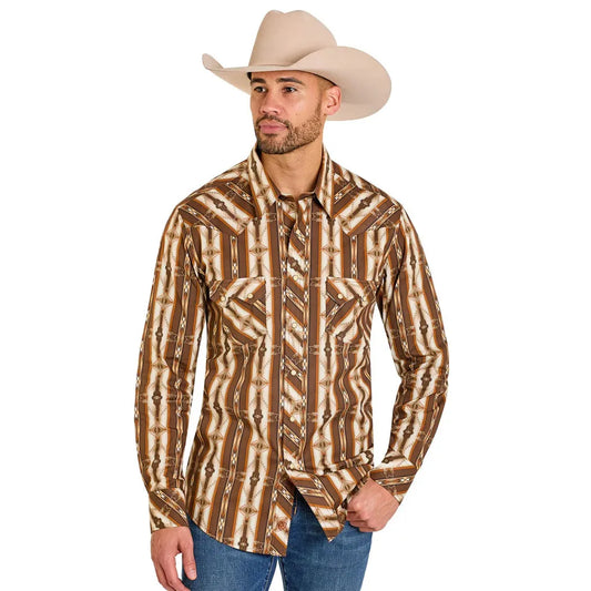Rock & Roll Men's Dusty Heritage Aztec Printed Long Sleeve Snap Shirt - Dark Brown