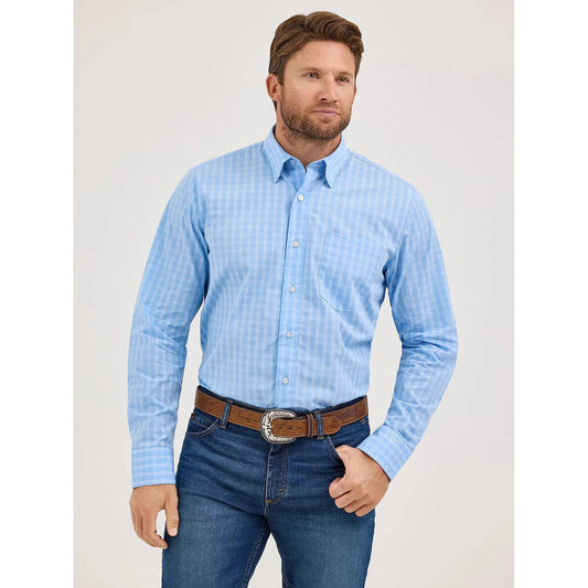 Wrangler Men's Cody Johnson One Pocket Button Down Long Sleeve Shirt - French Blue Check