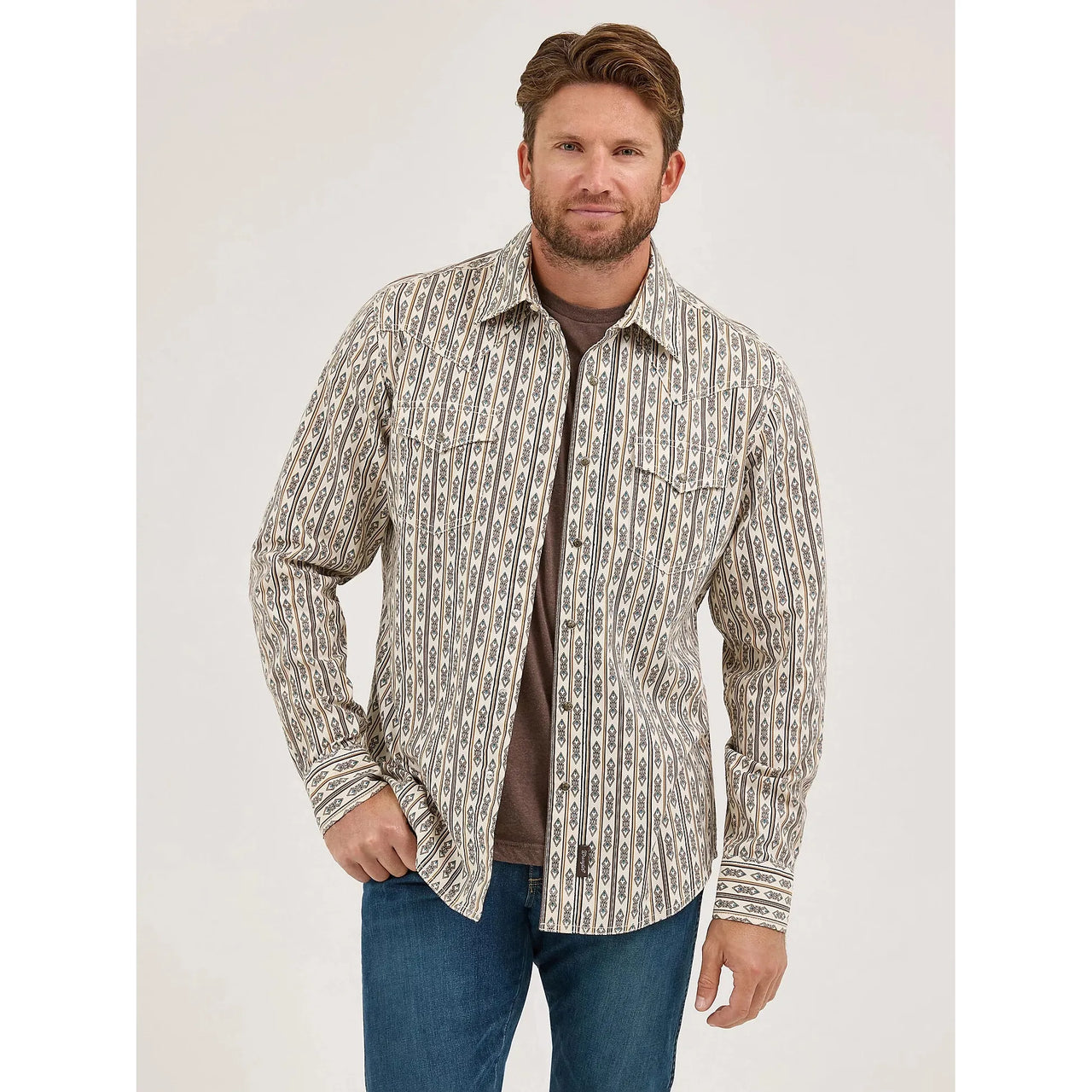 Wrangler Men's Retro Premium Western Printed Long Sleeve Snap Shirt - Ecru Stripe
