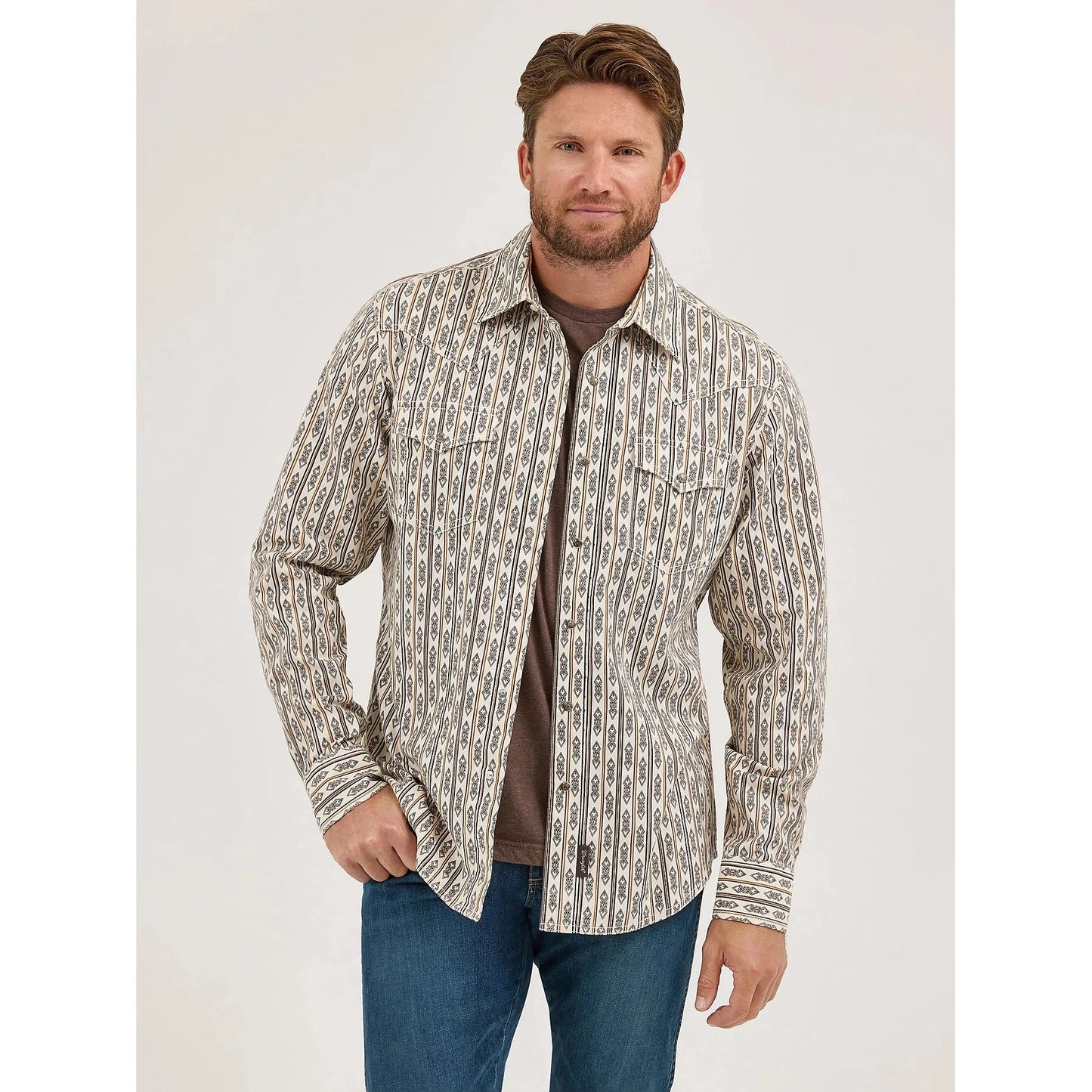 Wrangler Men's Retro Premium Western Printed Long Sleeve Snap Shirt - Ecru Stripe