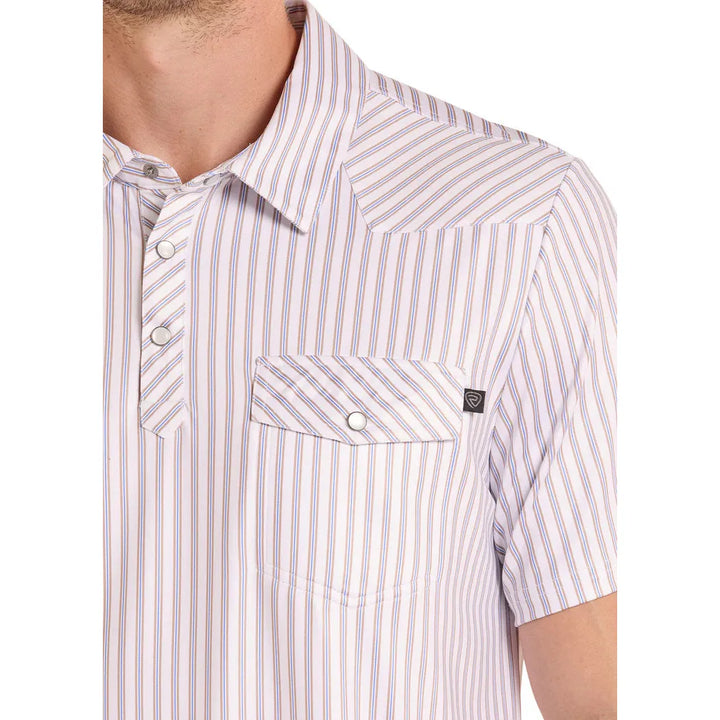 Rock &amp; Roll Mens Western Pocket Short Sleeve Stripe Polo Shirt - White/Tan Stripe
