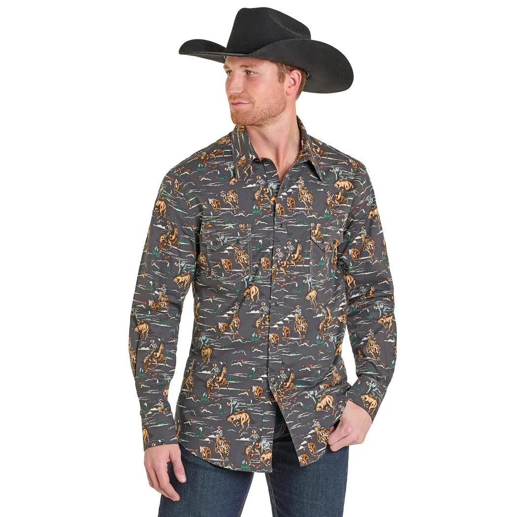 Rock & Roll Men's Wild West Cowboy Novelty Printed Long Sleeve Snap Shirt - Charcoal