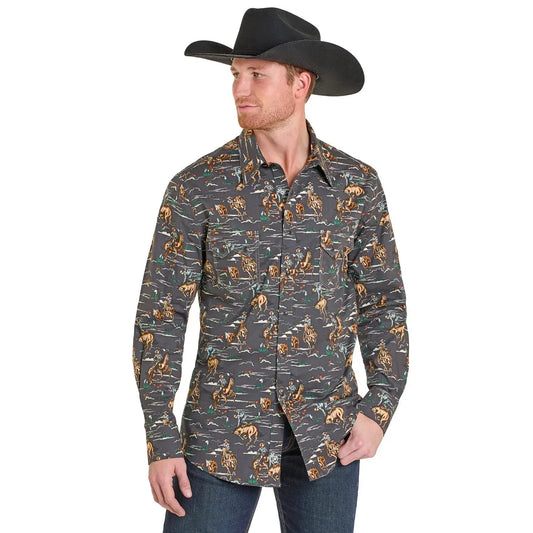 Rock & Roll Men's Wild West Cowboy Novelty Printed Long Sleeve Snap Shirt - Charcoal