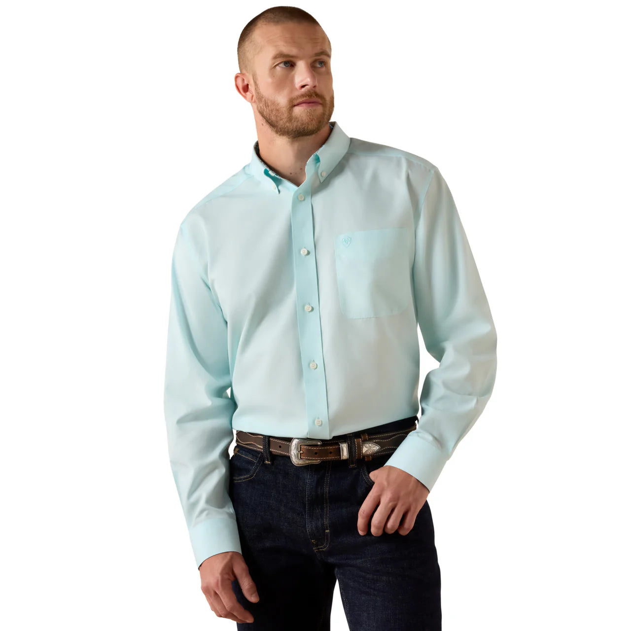 Ariat Men's WF Solid Pinpoint Oxford Long Sleeve Shirt - Angel Blue - Irvine Tack & Western Wear