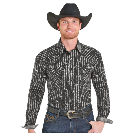 Panhandle Men's Rough Stock Barbwire Steer Long Sleeve Snap Shirt - Black
