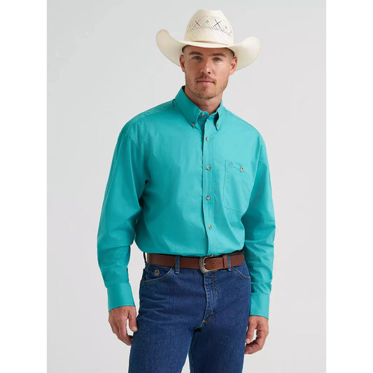 Wrangler Men's George Strait Solid One Pocket Button Down Long Sleeve Shirt - Aqua