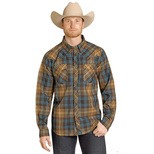 Rock & Roll Men's Tek Western Brushed Plaid Flannel Long Sleeve Shirt - Brown
