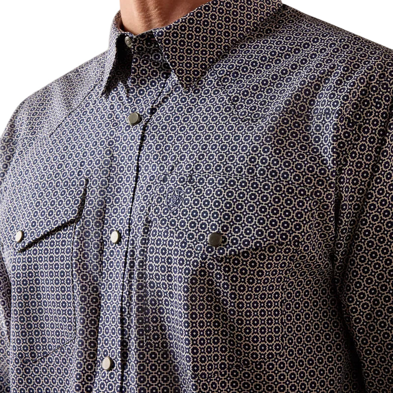 Ariat Men's Wrinkle Free Denis Fitted Long Sleeve Geo Print Snap Shirt - Navy