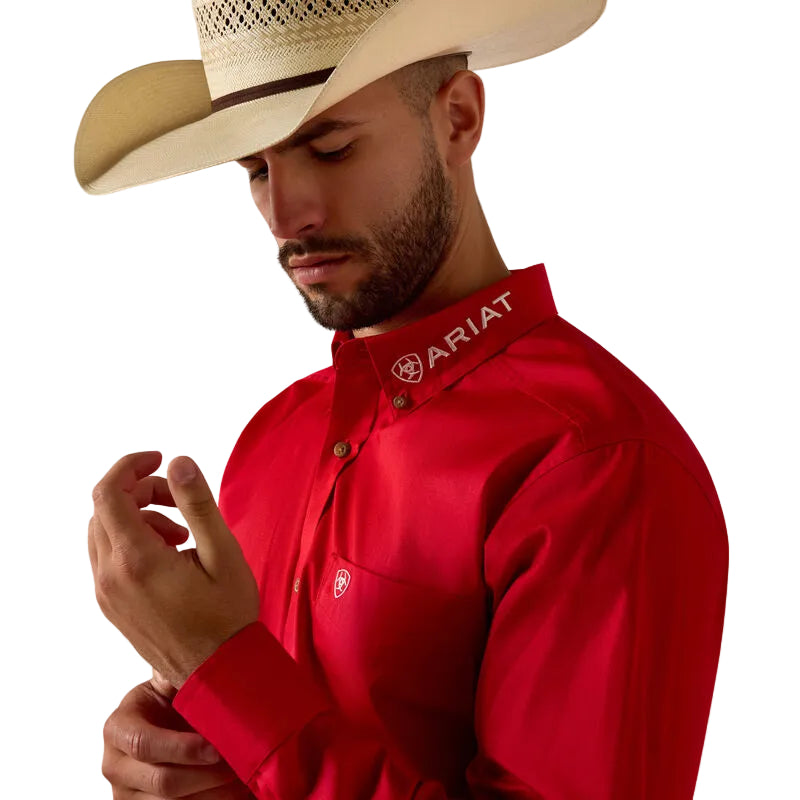 Ariat Men's Team Logo Lightweight Twill Fitted Long Sleeve Shirt - Tango Red/White