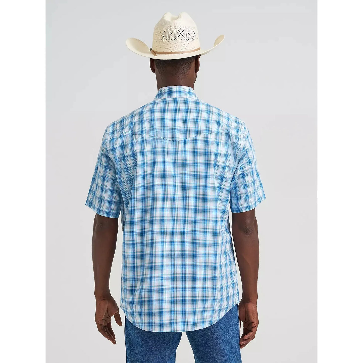 Wrangler Men's Wrinkle Resist Short Sleeve Western Snap Plaid Shirt - Seaside Blue - Irvine Tack & Western Wear