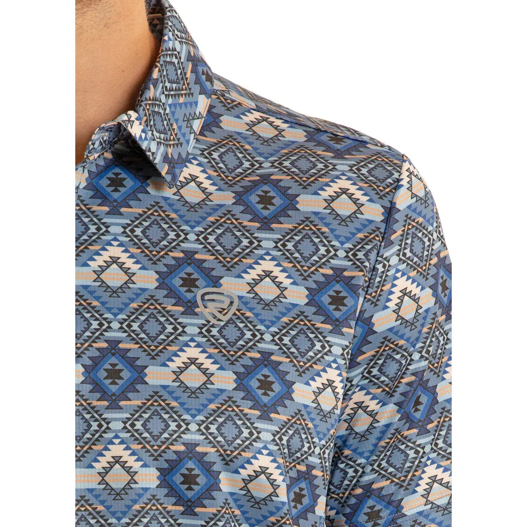 Rock & Roll Mens Aztec Printed Short Sleeve Polo Shirt - Blue