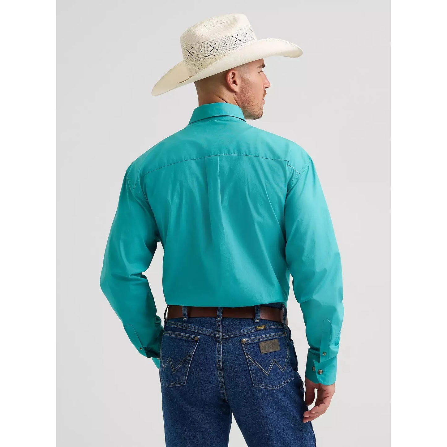 Wrangler Men's George Strait Solid One Pocket Button Down Long Sleeve Shirt - Aqua