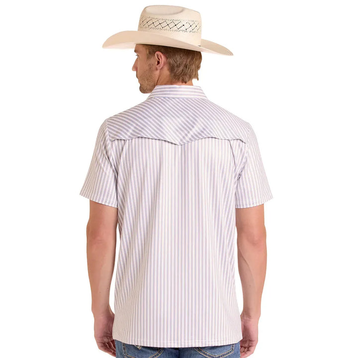 Rock &amp; Roll Mens Western Pocket Short Sleeve Stripe Polo Shirt - White/Tan Stripe