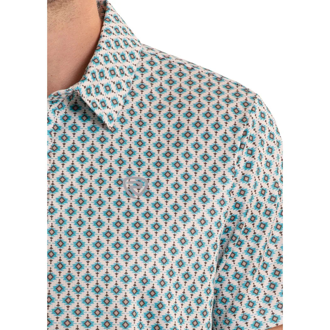 Rock & Roll Mens Mini Aztec Short Sleeve Geo Print Polo Shirt - Teal