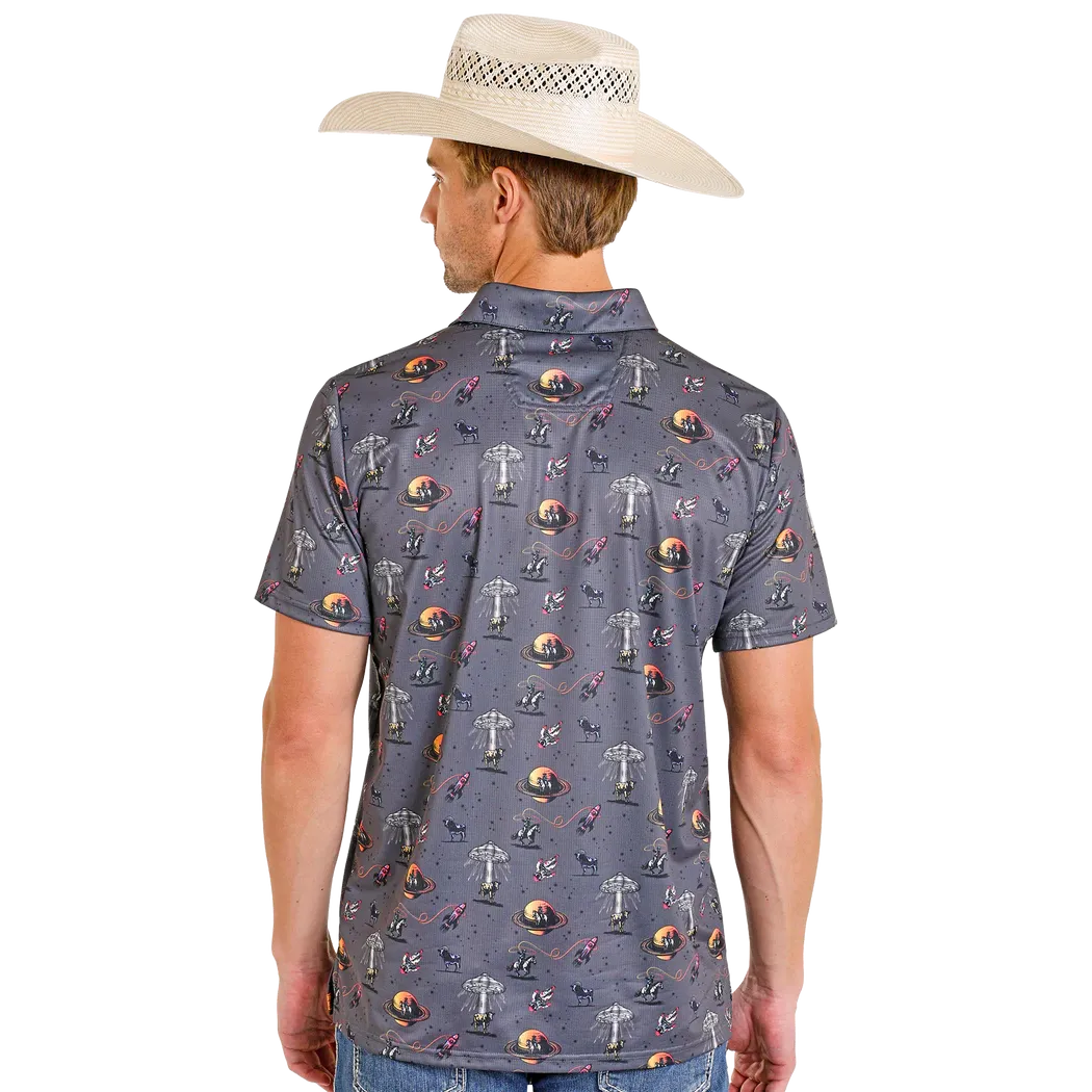 Rock & Roll Men's Space Cowboy Printed Polo Short Sleeve Shirt - Charcoal