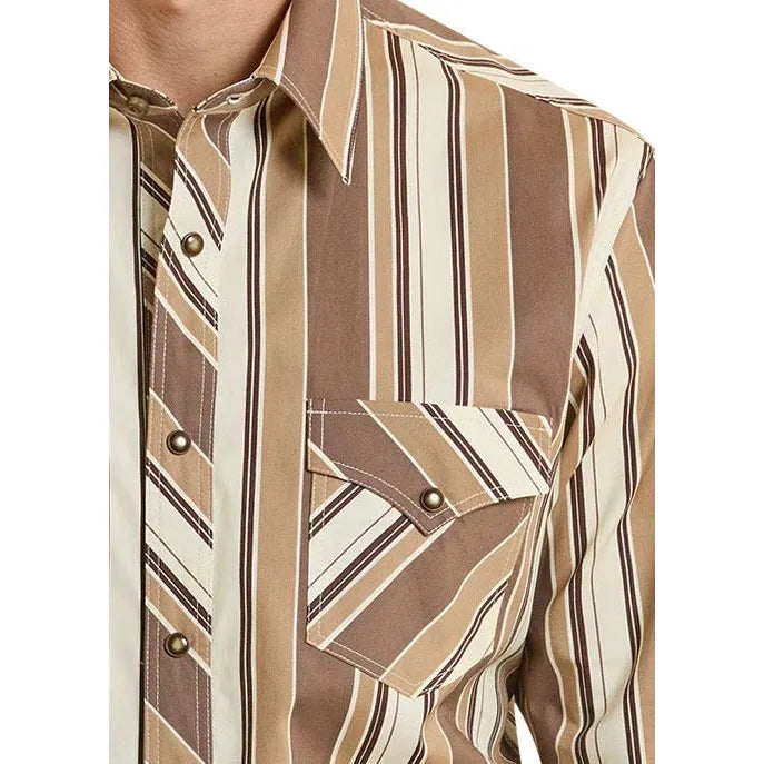 Rock & Roll Men's Slim Fit Long Sleeve Stripe Snap Shirt - Brown