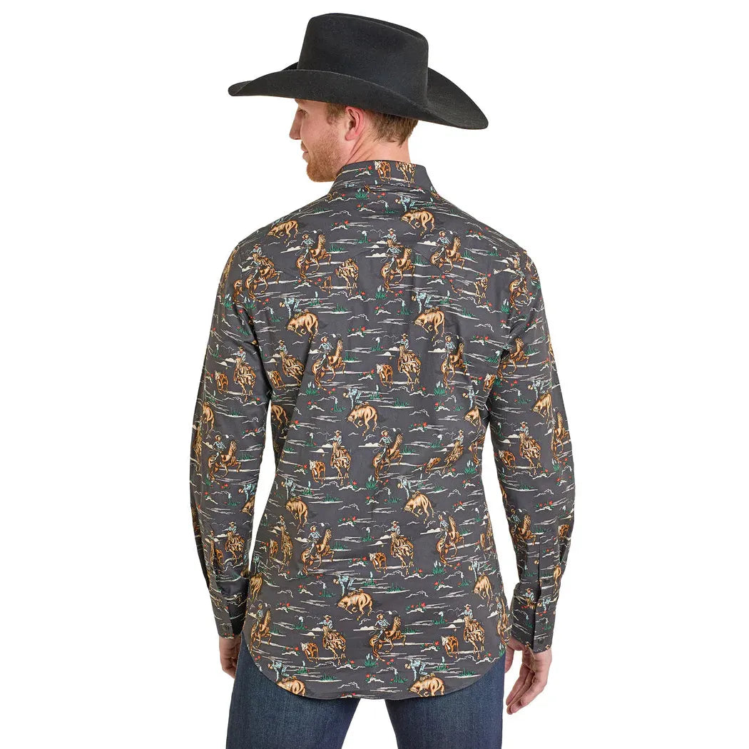 Rock & Roll Men's Wild West Cowboy Novelty Printed Long Sleeve Snap Shirt - Charcoal