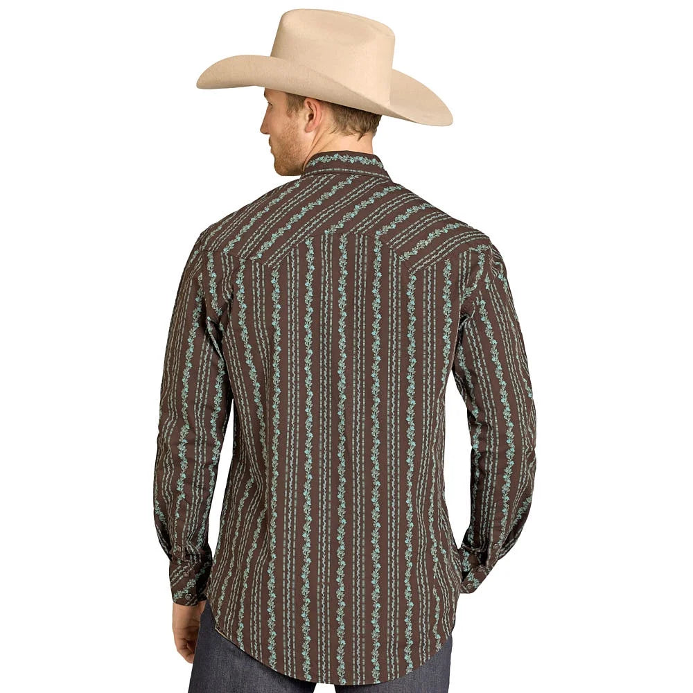 Rock & Roll Men's Wallpaper Printed Long Sleeve Snap Shirt - Brown/Sage/Teal