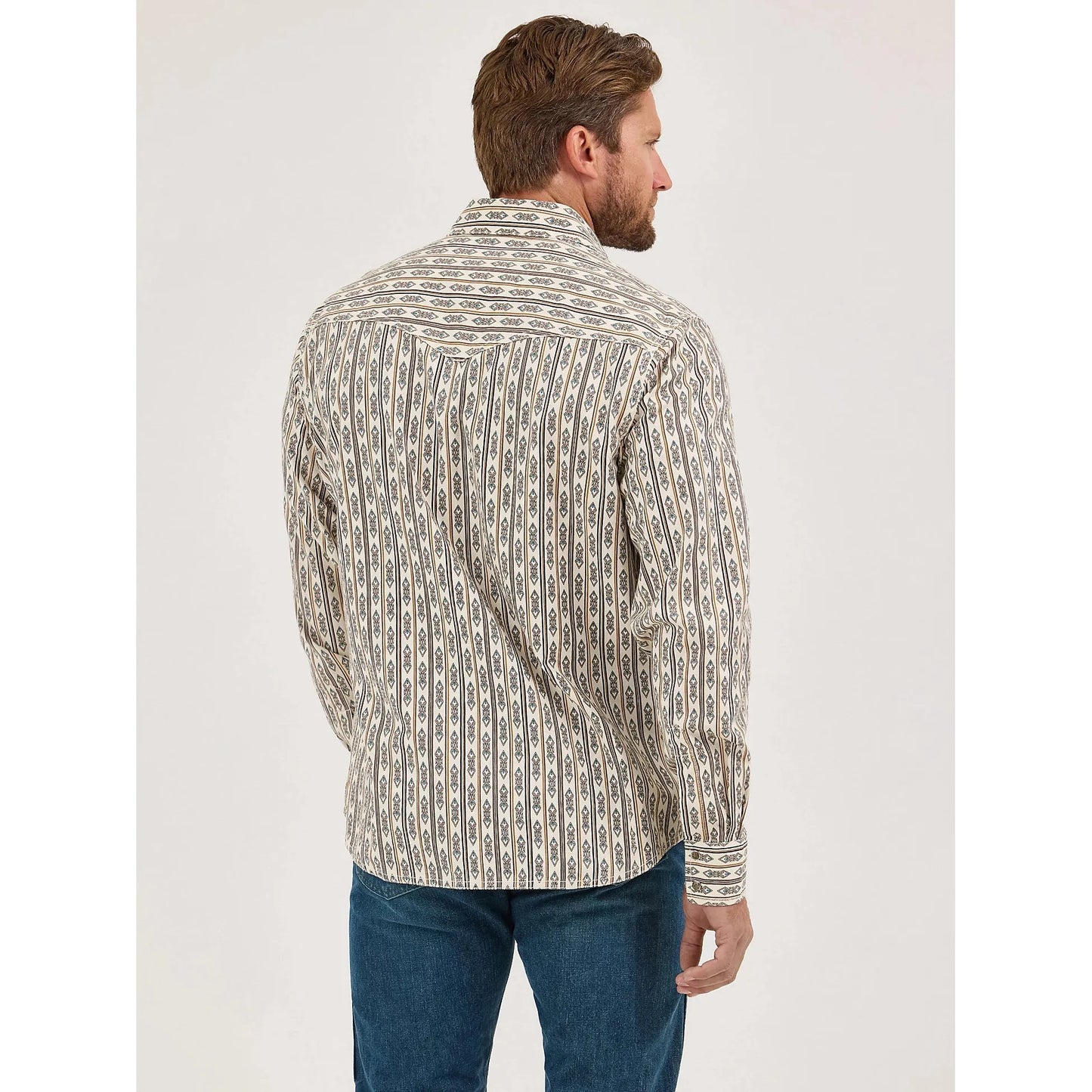 Wrangler Men's Retro Premium Western Printed Long Sleeve Snap Shirt - Ecru Stripe