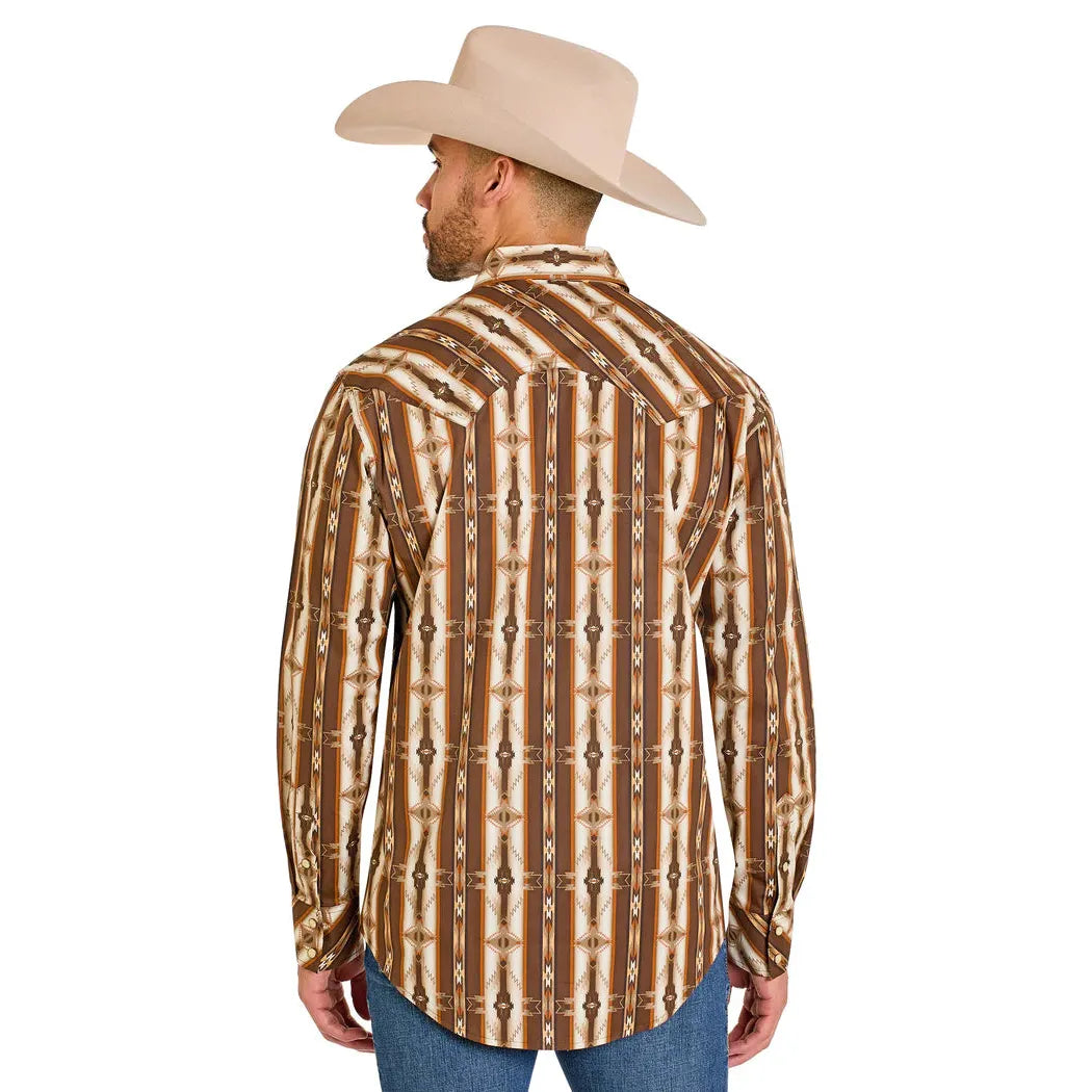 Rock & Roll Men's Dusty Heritage Aztec Printed Long Sleeve Snap Shirt - Dark Brown