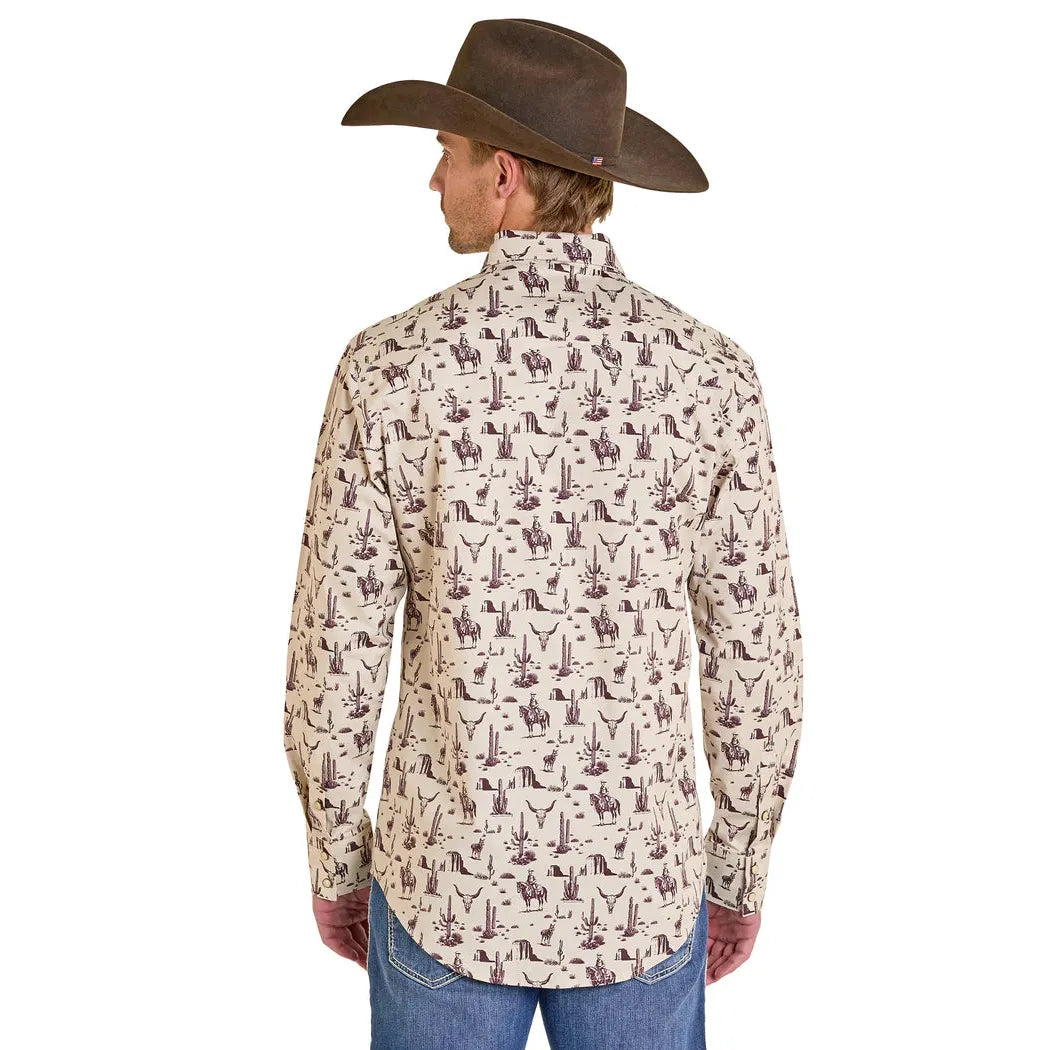 Rock & Roll Men's Wild Wild West Novelty Printed Long Sleeve Snap Shirt - Burgundy