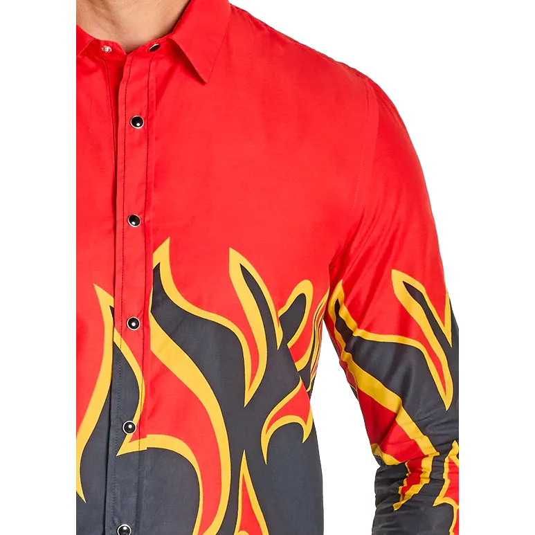 Rock & Roll Men's Modern Vintage Flame Long Sleeve Snap Shirt - Red