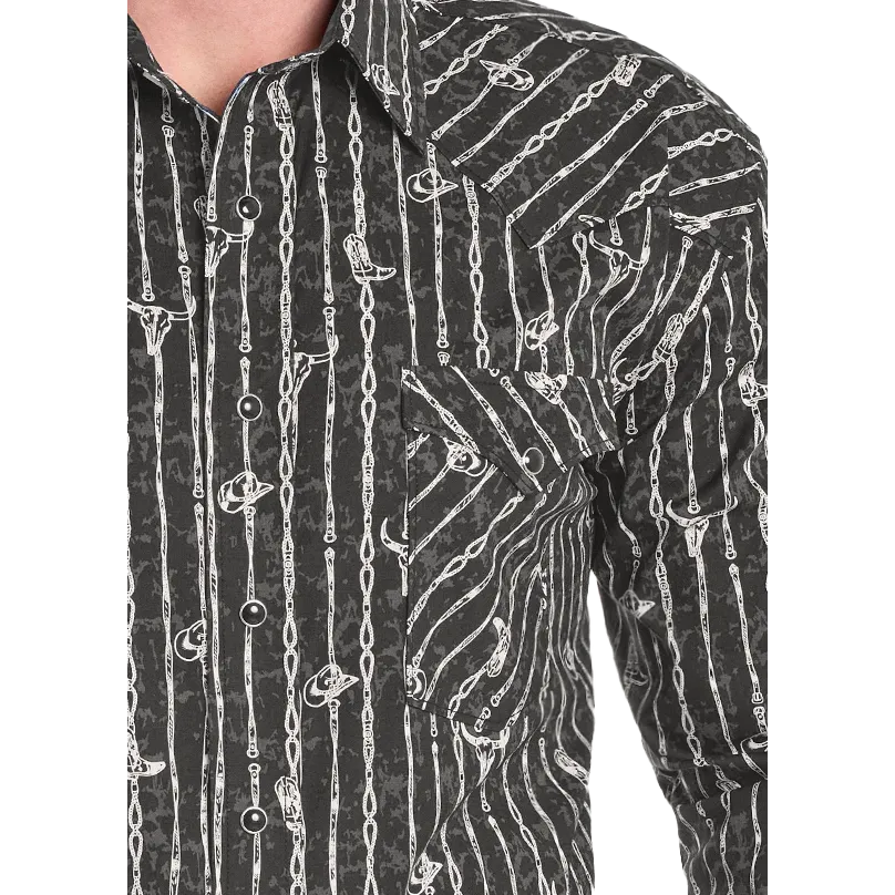 Panhandle Men's Rough Stock Barbwire Steer Long Sleeve Snap Shirt - Black