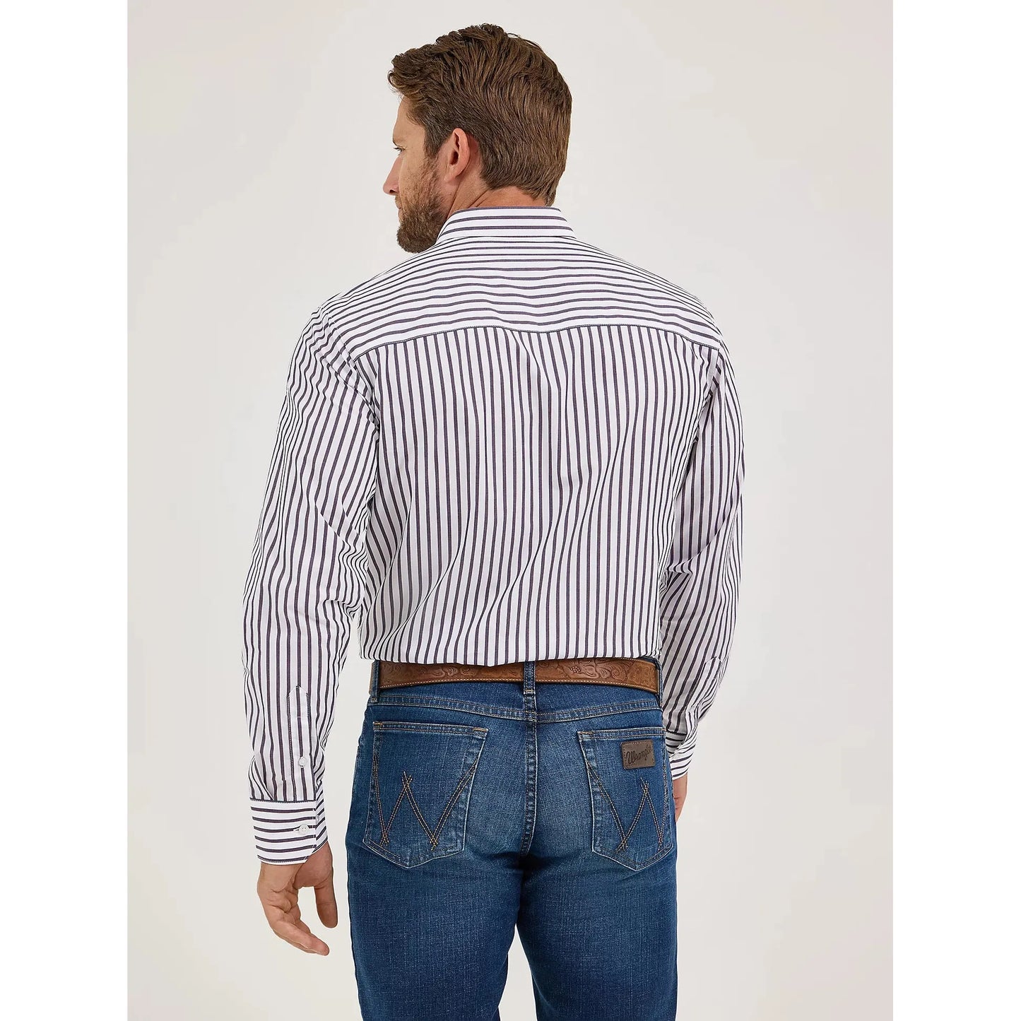 Wrangler Men's Cody Johnson One Pocket Button Down Long Sleeve Shirt - Navy White Stripes