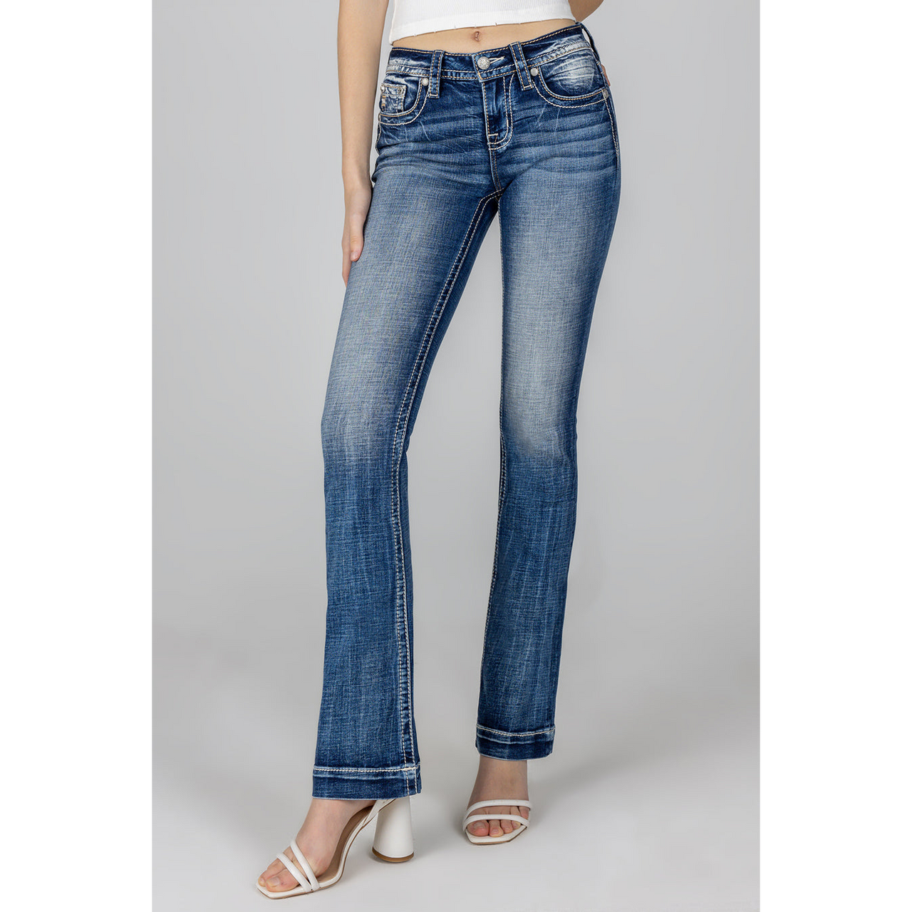 Miss Me Women's Pastel Angel Wing Mid Rise Bootcut Jeans - Blue