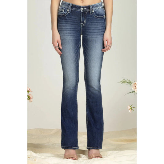 Miss Me Women's Cow Print Wing Mid Rise Bootcut Jeans - Blue