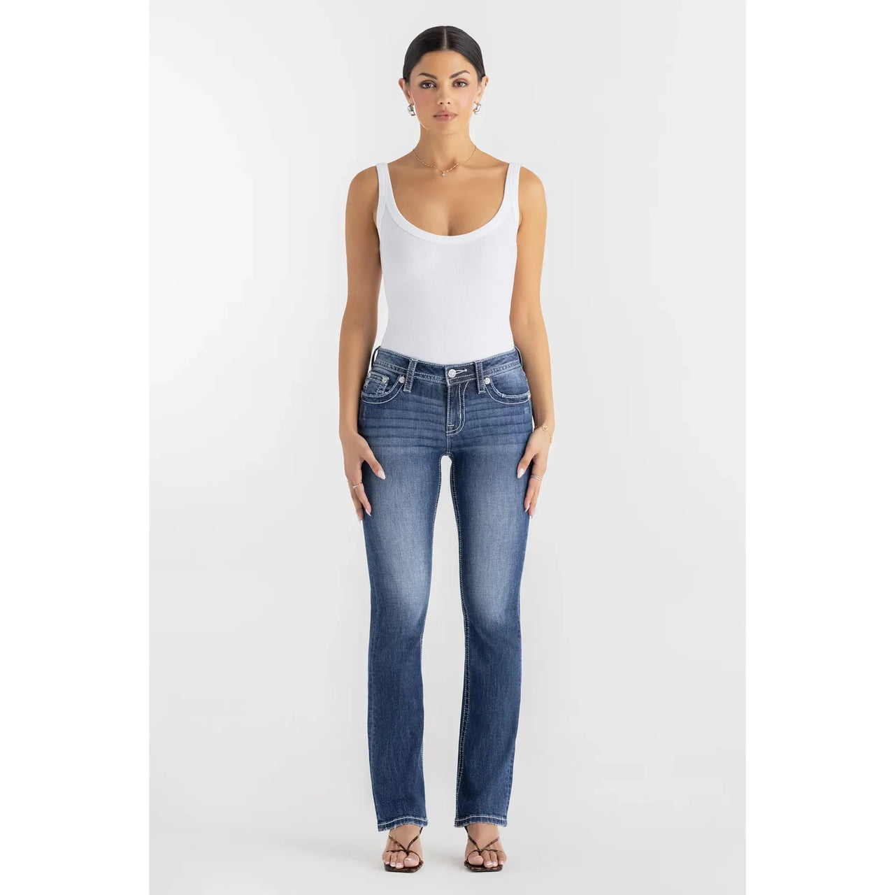 Miss Me Women's Mid Rise Crissy Skye Boot Cut Jeans- Dark Wash