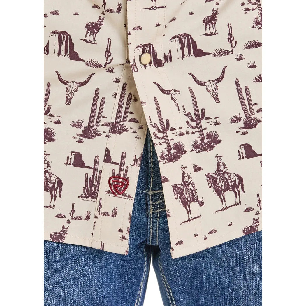 Rock & Roll Men's Wild Wild West Novelty Printed Long Sleeve Snap Shirt - Burgundy