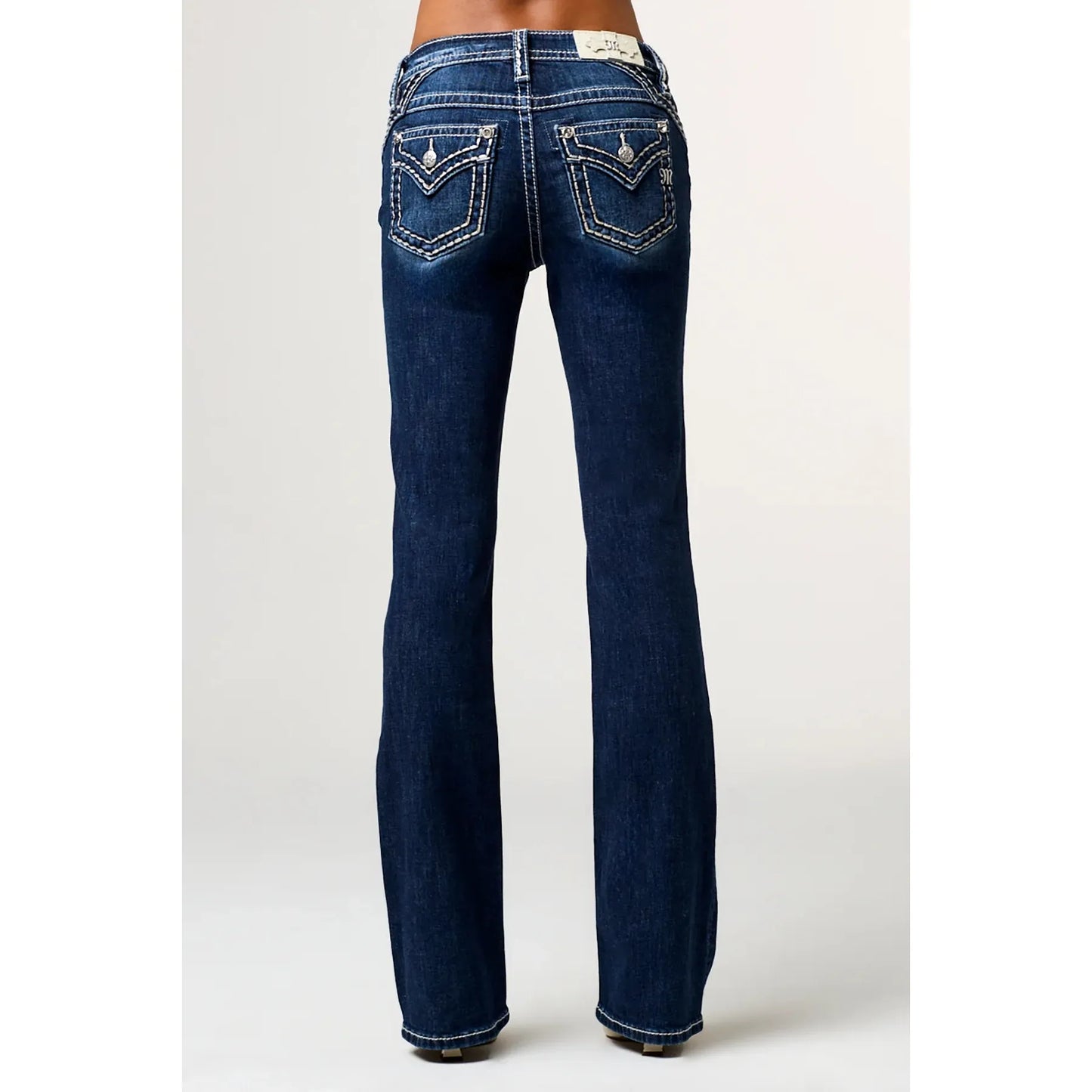 Miss Me Women's Mid Rise Raleigh Stitched Boot Cut Jeans- Dark Wash