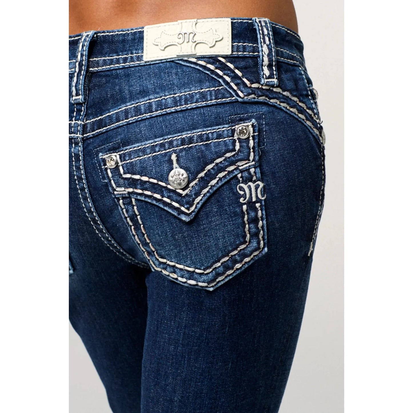 Miss Me Women's Mid Rise Raleigh Stitched Boot Cut Jeans- Dark Wash