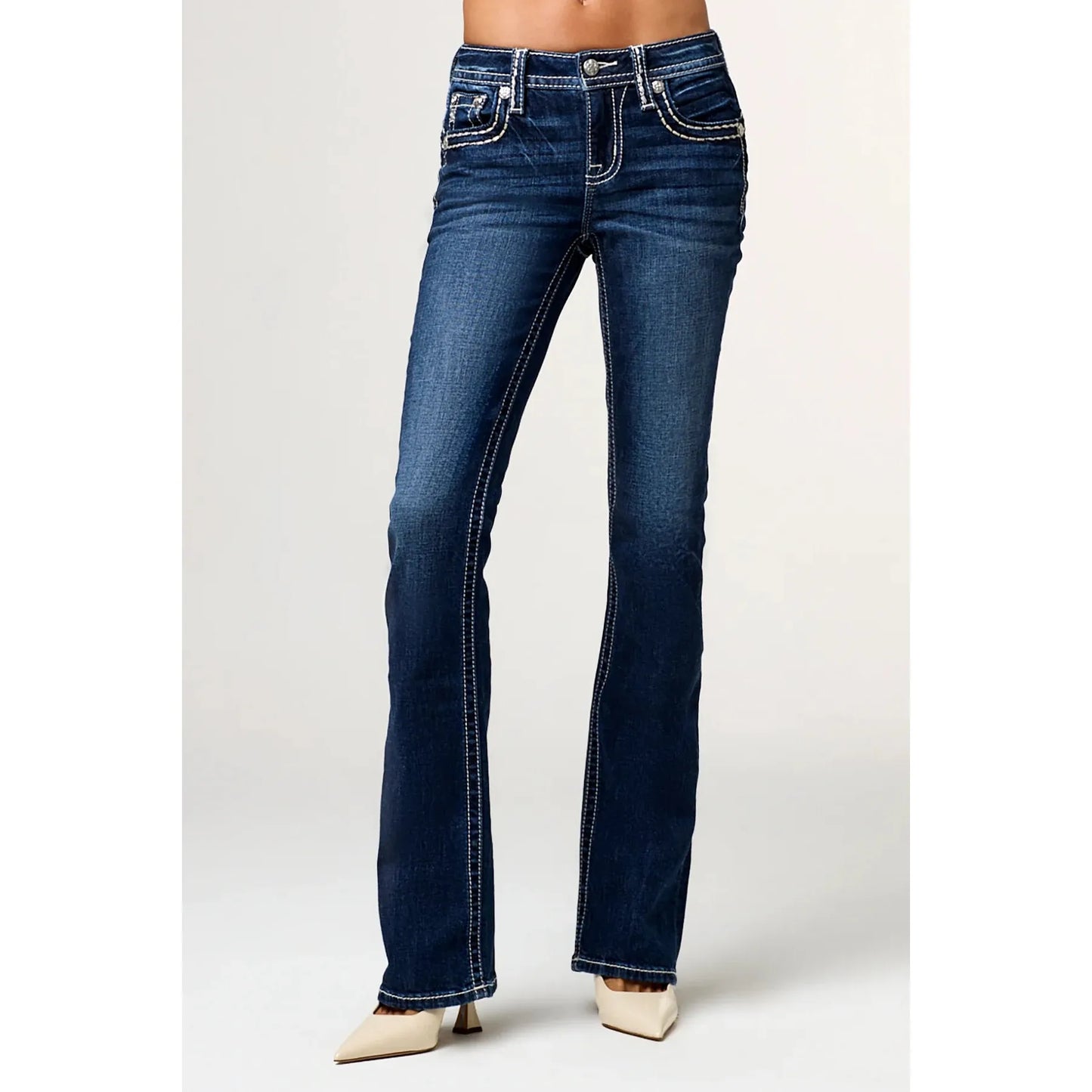 Miss Me Women's Mid Rise Raleigh Stitched Boot Cut Jeans- Dark Wash