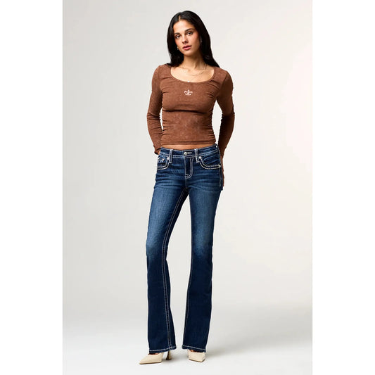 Miss Me Women's Mid Rise Raleigh Stitched Boot Cut Jeans- Dark Wash