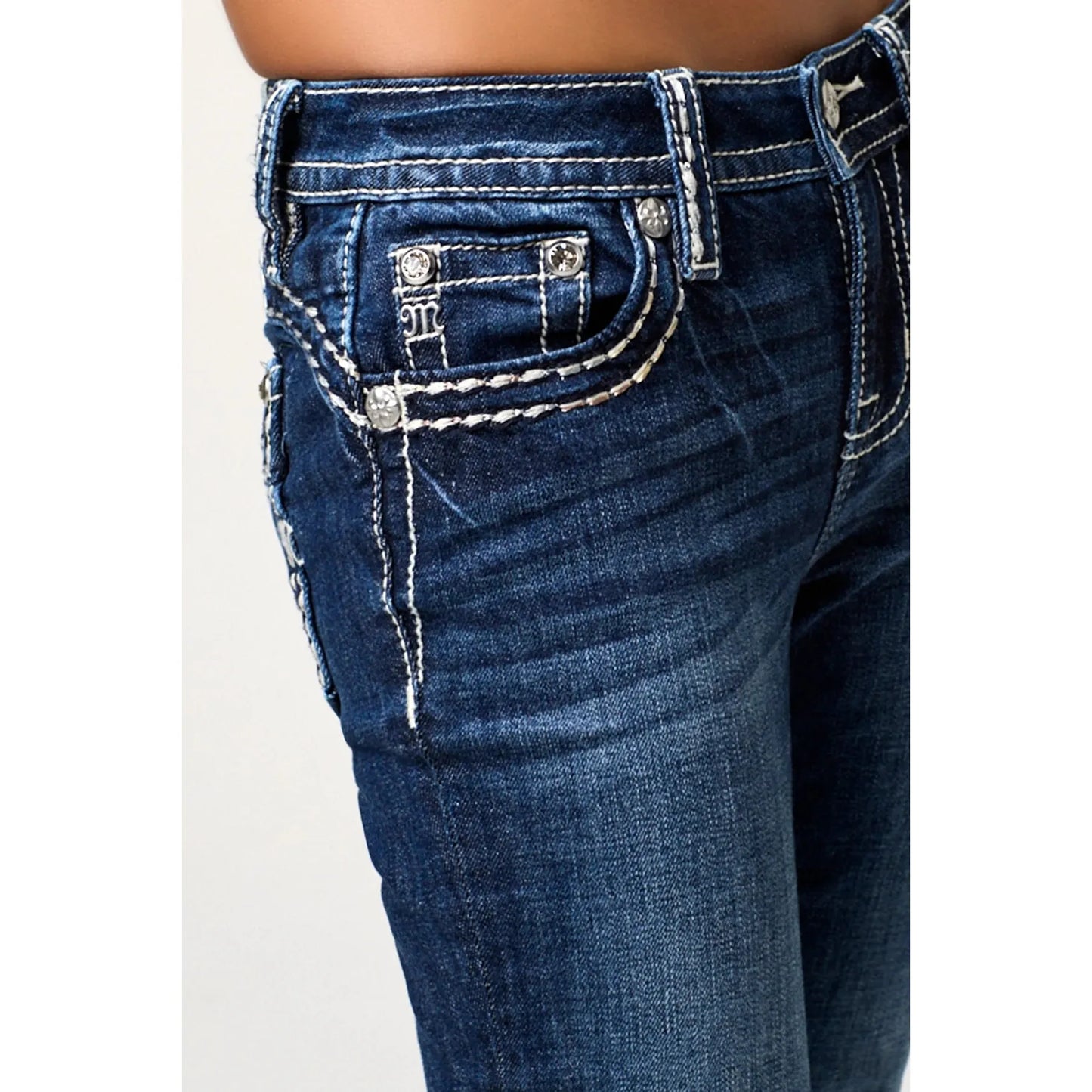 Miss Me Women's Mid Rise Raleigh Stitched Boot Cut Jeans- Dark Wash