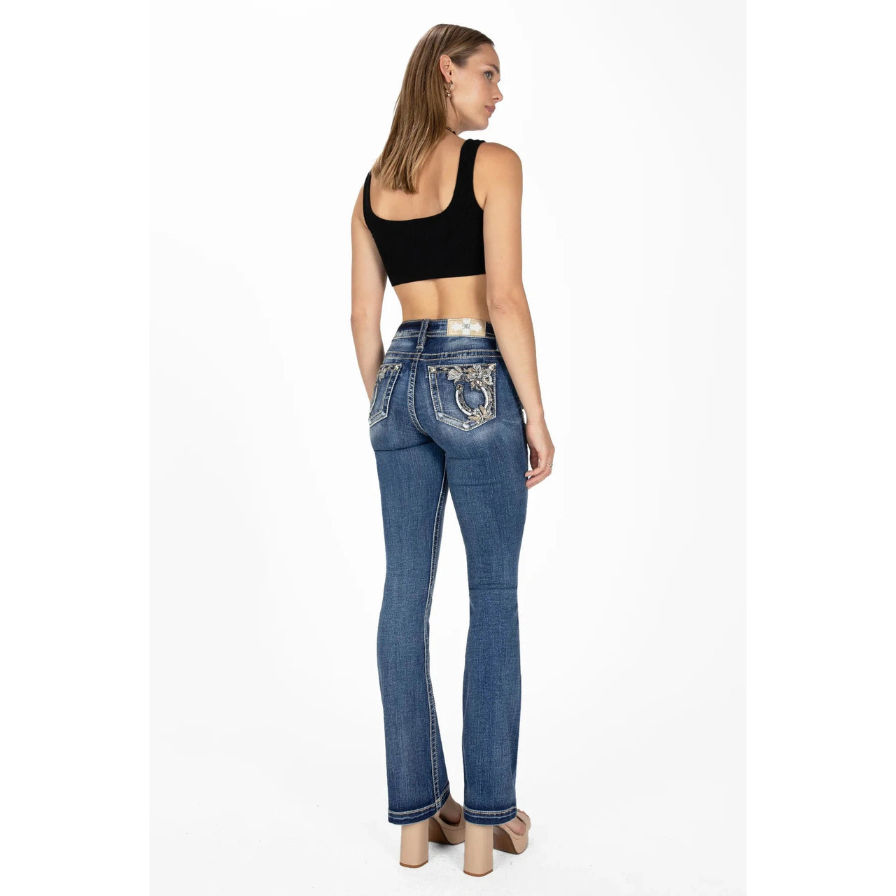 Miss Me Shadow Floral Horseshoe Mid Rise Bootcut Jeans - Medium Dark Wash