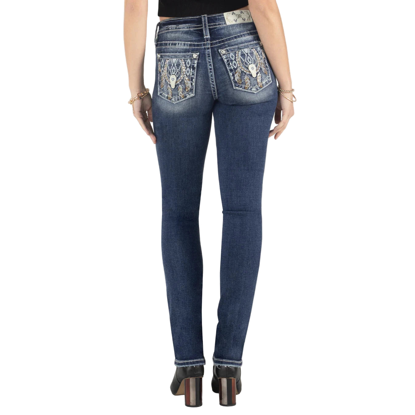Miss Me Women's Aztec Dreamcatcher Horseshoe Mid Rise Straight Jeans - Medium Dark Wash