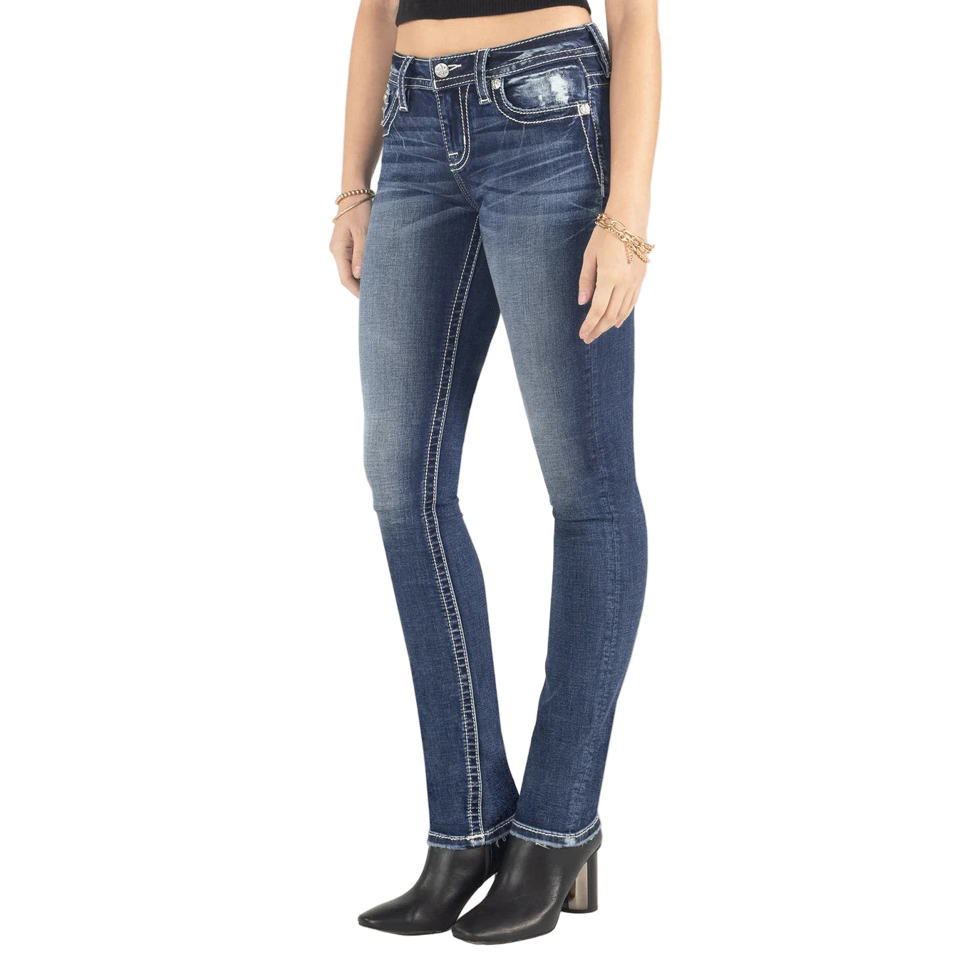 Miss Me Women's Aztec Dreamcatcher Horseshoe Mid Rise Straight Jeans - Medium Dark Wash