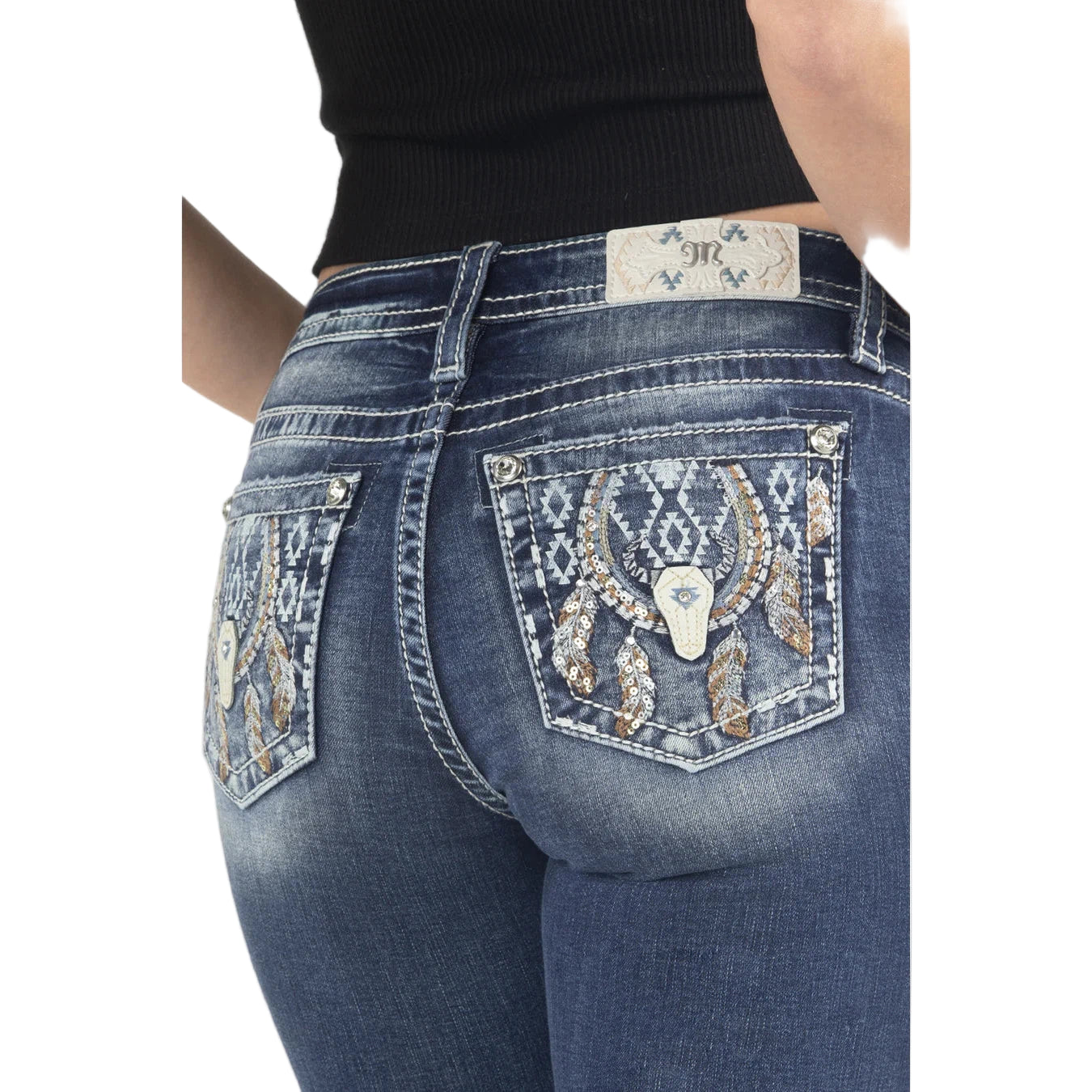 Miss Me Women's Aztec Dreamcatcher Horseshoe Mid Rise Straight Jeans - Medium Dark Wash