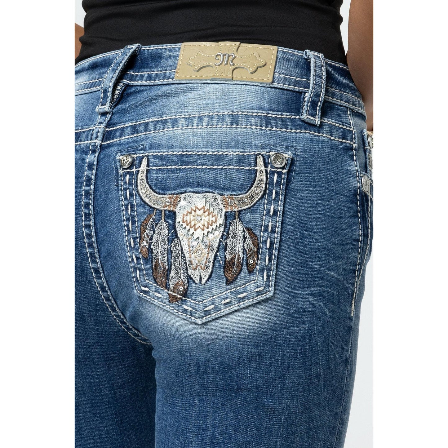 Miss Me Women's Mid Rise Seraphina Boot Cut Jeans- Medium Wash