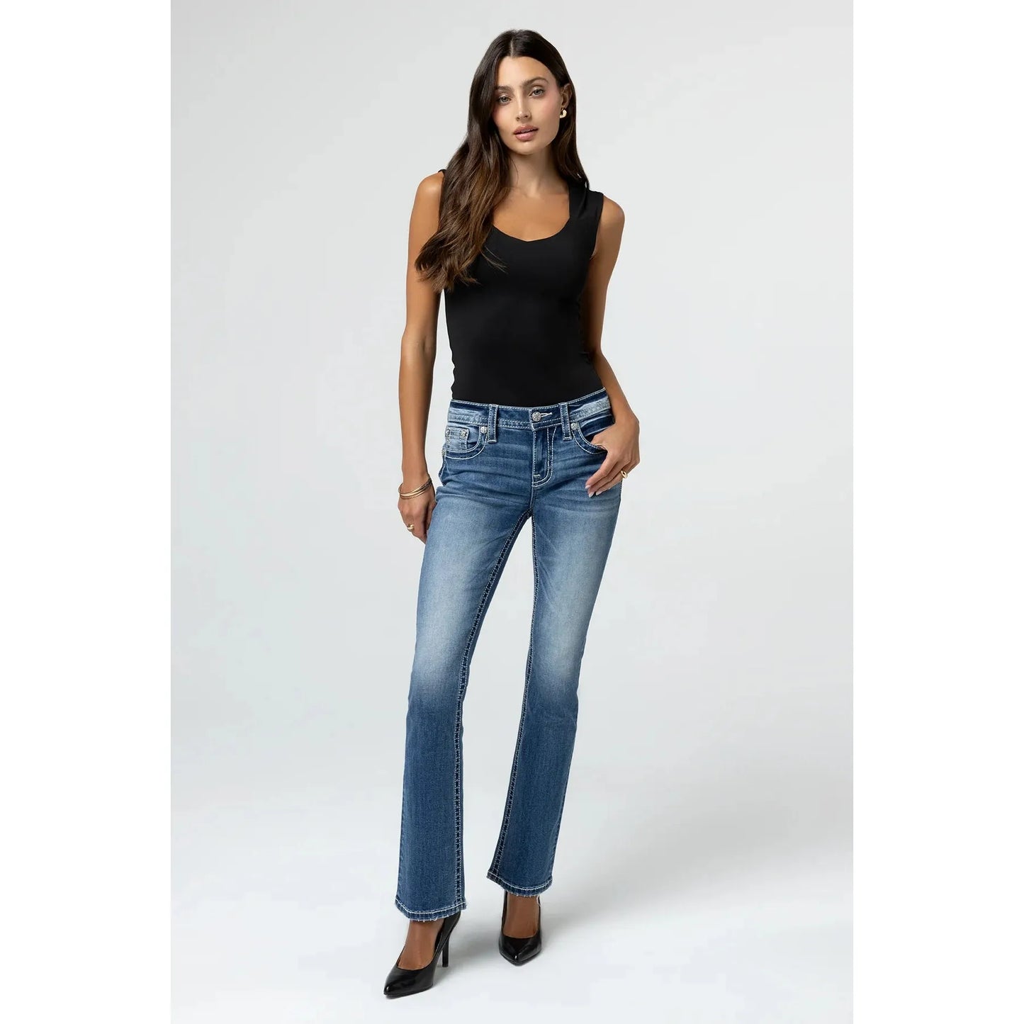 Miss Me Women's Mid Rise Seraphina Boot Cut Jeans- Medium Wash