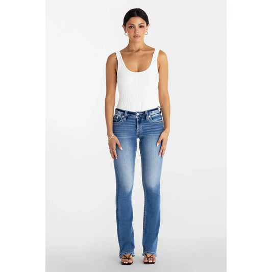 Miss Me Women's Mid Rise Maddox Boot Cut Jeans- Medium Wash