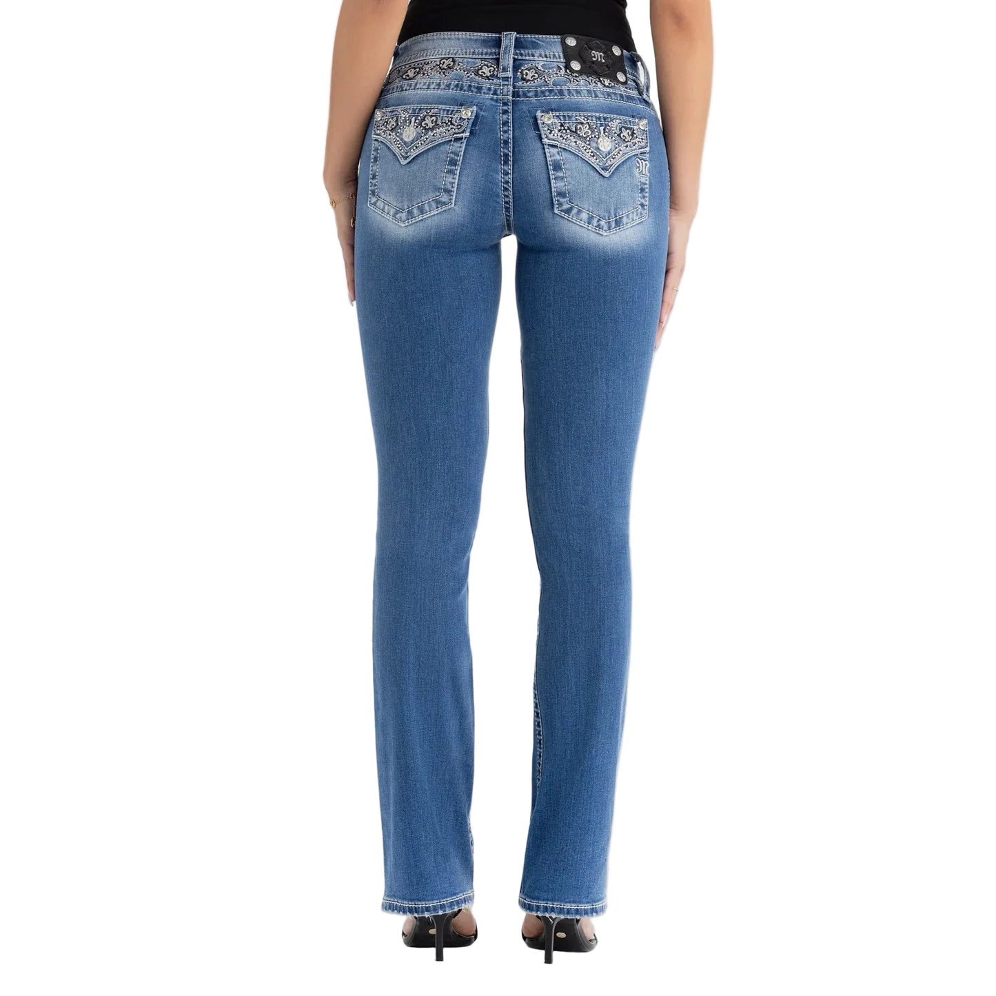 Miss Me Women's Mid Rise Solene Fleur Boot Cut Jeans - Medium Wash