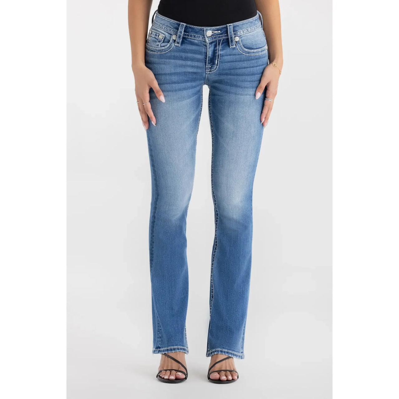 Miss Me Women's Mid Rise Solene Fleur Boot Cut Jeans- Medium Wash