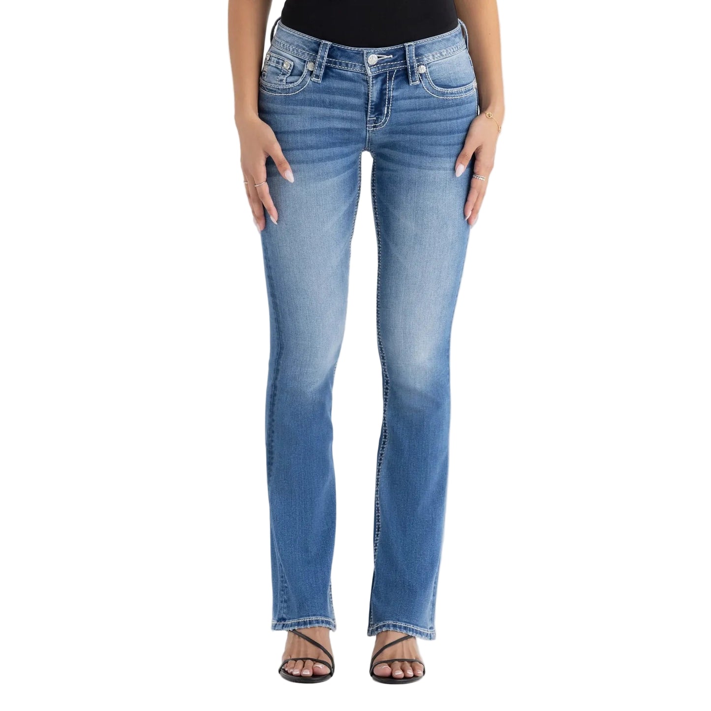 Miss Me Women's Mid Rise Solene Fleur Boot Cut Jeans - Medium Wash