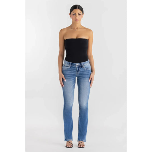 Miss Me Women's Mid Rise Solene Fleur Boot Cut Jeans- Medium Wash