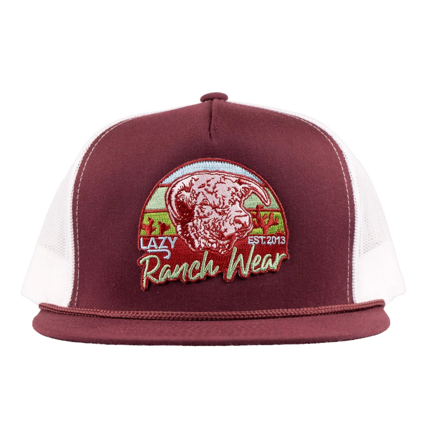 Lazy J Ranch Prickly Pear Classic Rope Trucker Flat Brim Cap - Maroon/White