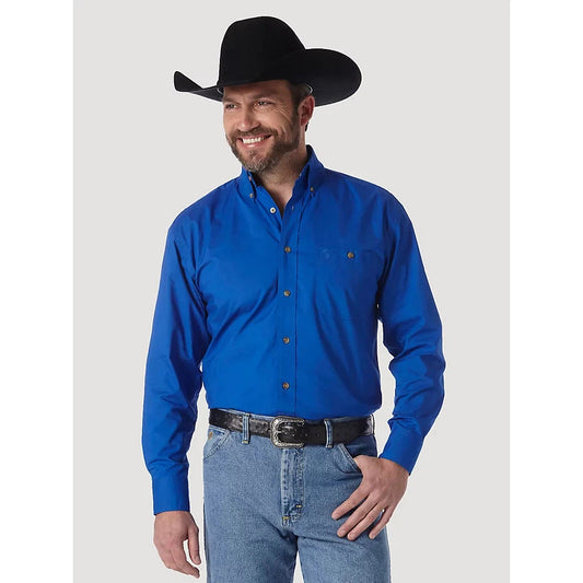 Wrangler Men's George Strait Long Sleeve Button Down Solid Shirt - Royal Blue